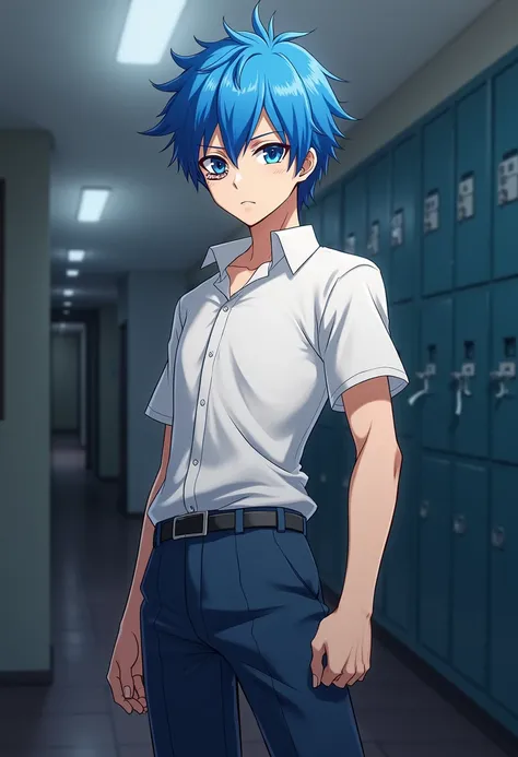 Draw me one anime guy with blue hair dark blue eyes and the other eye is seriously injured
schoolgirl