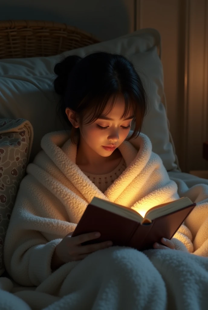 Scene of someone wrapped in a warm blanket, reading a book.