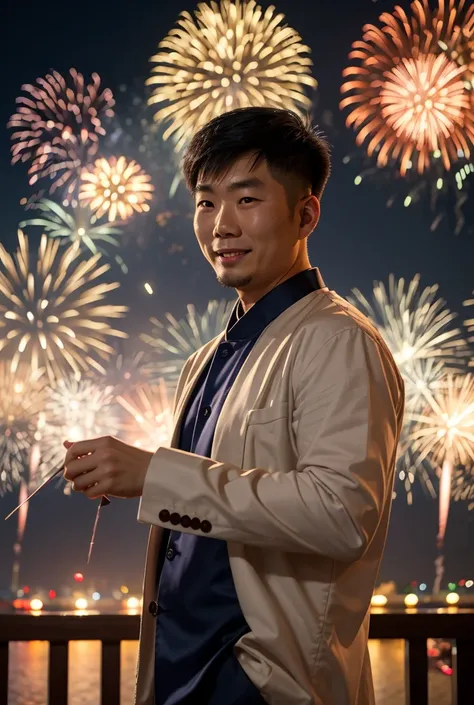 asian man, fireworks party, New Years Eve