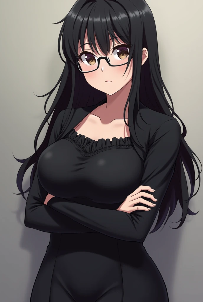  young woman , sexy,  wearing a sexy and professional black dress with a large neckline,  long black hair and fringed , wearing pretty glasses ,  ruffled with a serious cross-arm posture ,  big, bulky breasts , anime, front image.