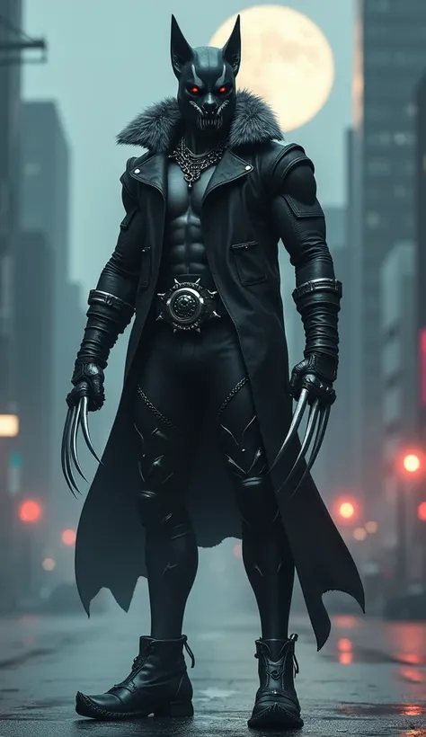 A hyper-realistic full-body depiction of Anjingman, a lean yet muscular superhero with a sleek black metal dog-shaped mask exposing his mouth in a Wolverine-like style. He wears a black leather jacket with a thick gray fur collar and a spiked metal choker....