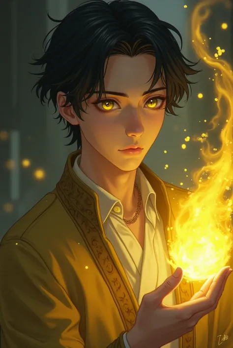 The user of pale yellow magic, in realistic anime style. Man. Dull, yellow eyes. Low saturation. Noble robes 