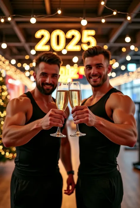 Gym with 2 trainers with champagne glasses and black fitness clothing,  with Christmas decoration and a number 2025 in gold color.  looking at the camera , toast,  front lighting .