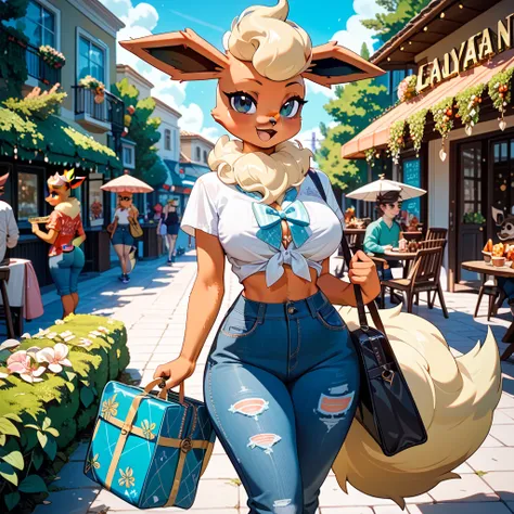 Pokemon Flareon,antropomorfic, furry,  busty ,pechugona,big ass,NALGONA, caderona,little waist, casual wear,casual hairstyle,Celebrating New Year 2025, best quality