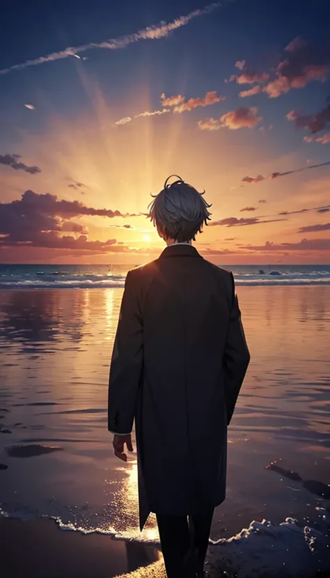 １people々々,Gray Hair，Short hair men，    long coat，   suit silhouette，     rear view，     anime style   ,     evening    ， Sunrise，    Beach    ，