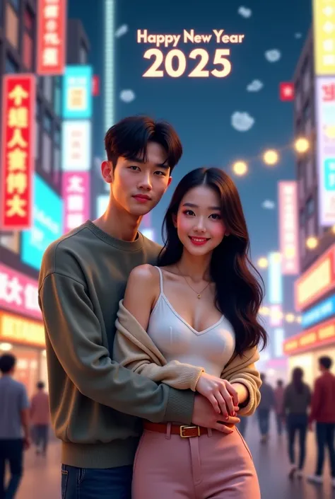 Image of a young korean couple standing on a busy street at night. The woman is wearing a white tank top, switer and light pink trousers with a brown belt. She has long black hair and smiles at the camera. Behind her is a man hugging her. The background sh...