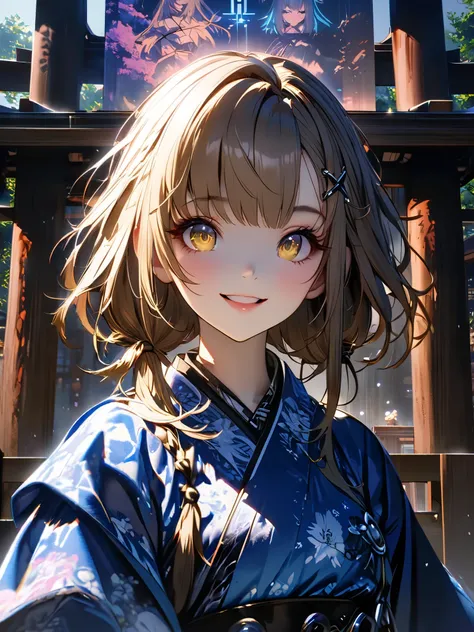          1 girl,    正月のshrineで初詣           ,                , Soft light,    shes wearing a cute blue kimono           ,      Top Quality ,               complicated        ,          Tone Mapping         ,          shrine   .                 concept art  ...