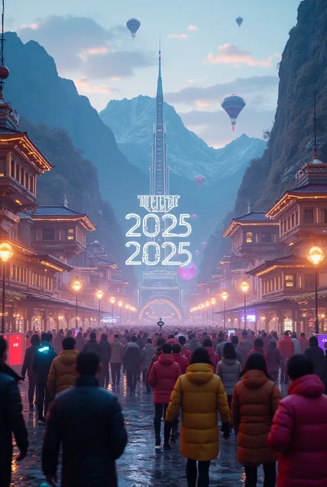 New year celebration, 2025, mountain, futurism, village, UHD, super detailed, sharp. 