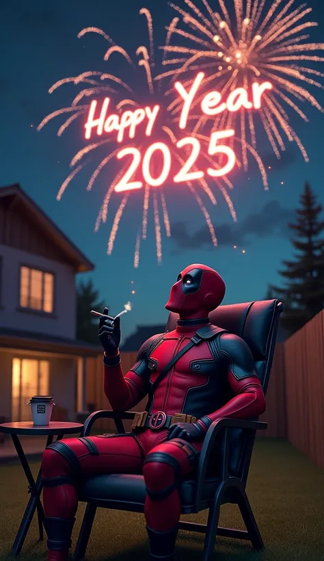 "An image of the superhero Deadpool sitting relaxed on a chair alone in his backyard at night. He is holding a cigarette, with a cup of coffee placed on a small table beside the chair. Deadpool gazes up at the clear sky, enjoying the peaceful moment. In th...