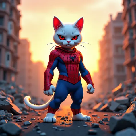 White cat wearing spider Man uniform hand fold heroic poose at destroyed City evening seen