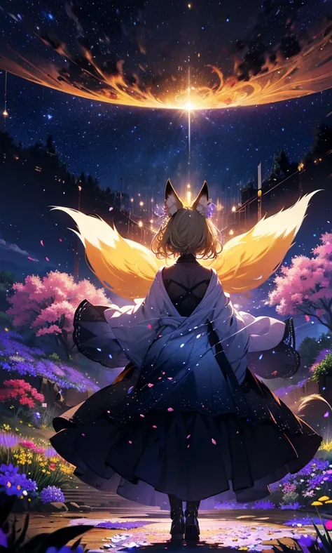 １people々,Blonde woman with medium hair，  fox ears，  long coat， tall ，   dress silhouette，   rear view，Space Sky, Flower Field，Countless meteor showers， Colorful Flowers ，Dancing petals，