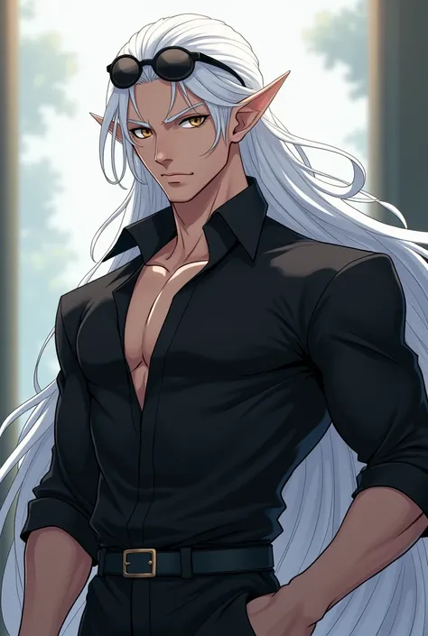 White-haired anime elf man with muscles and black shirt with sunglasses on his head 
