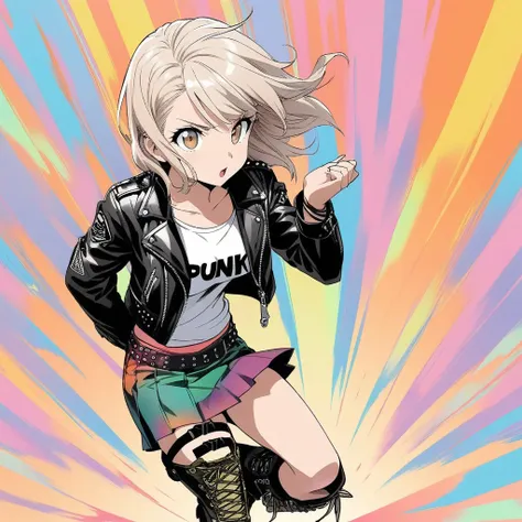 
1 girl, 20 old, Short, bleached hair, often dyed random colors. Light brown eyes, enthusiastic, punk/laid-back style, (leather jacket, flared skirt, combat boots), simple background, high detailed, soft anime style illustration