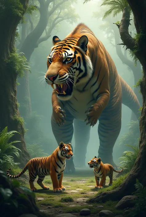 The tiger transforms into a dinosaur and meets two tiger cubs