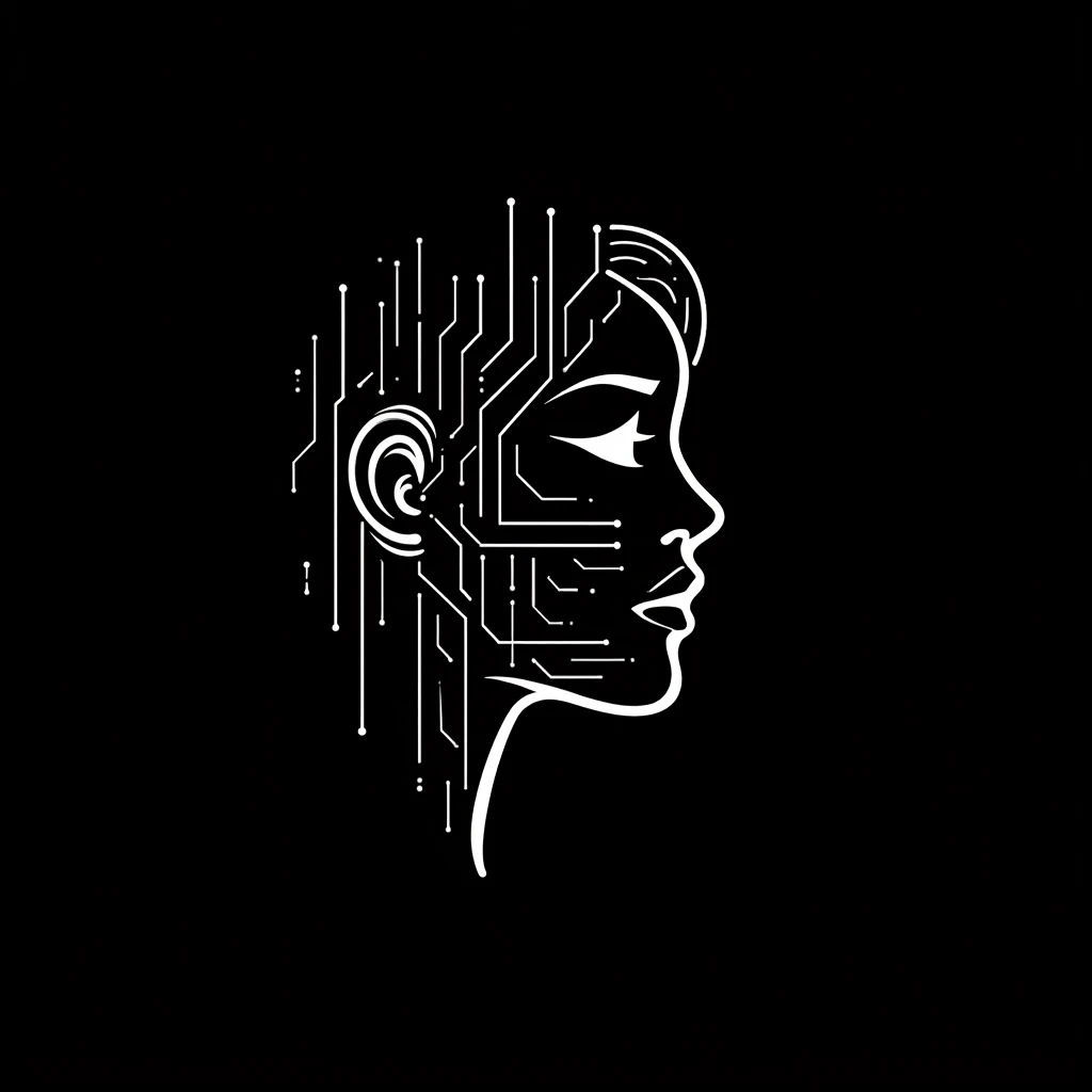 "an monoline art, line art of abstract female face and sound, made by computer circuit board pattern, clean bold, sharp crisp outlines, isolated in black background "