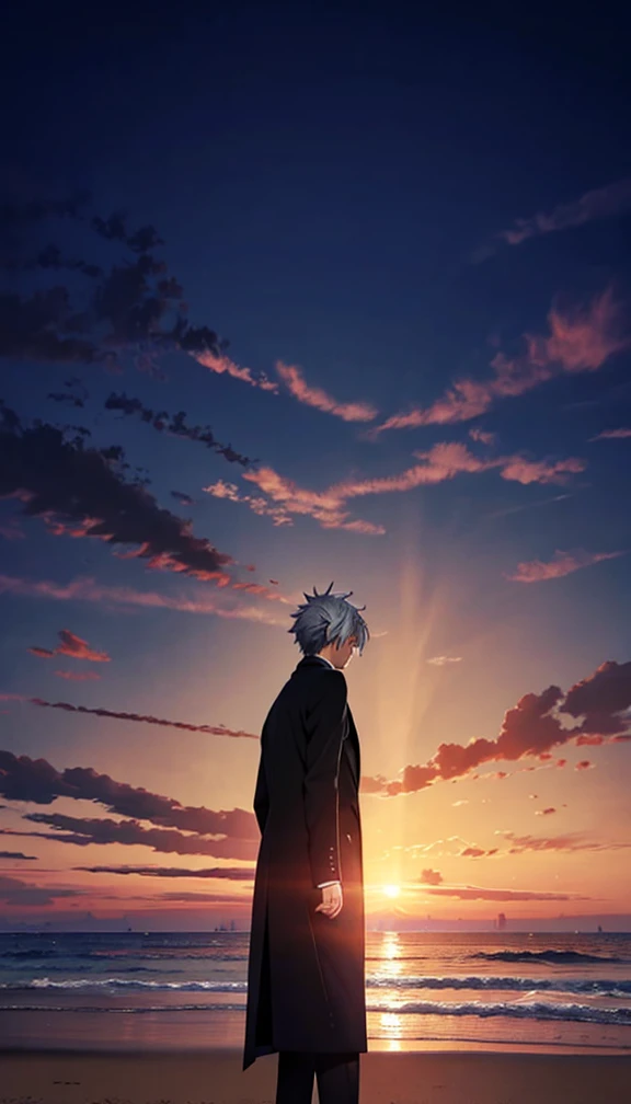 １people々々々々,  short grey hair，male，      long coat，   suit，黒の long coat，       rear view，       anime style     ,       evening      ， Sunrise，      Beach      ，