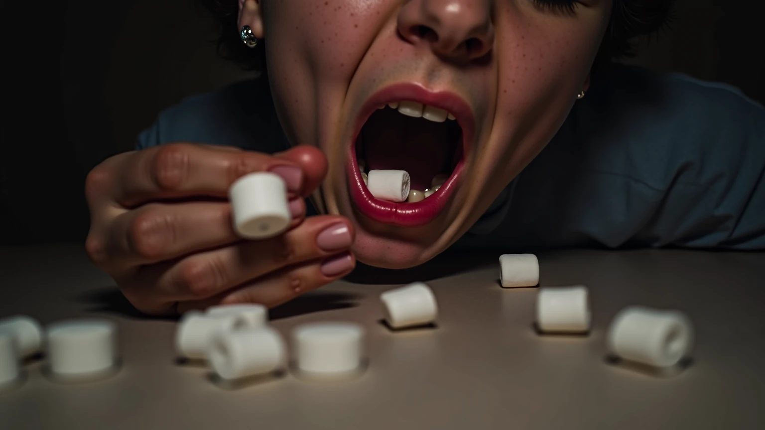 "A dramatic and cautionary image depicting the danger of a marshmallow getting stuck in someones throat. The composition features a close-up of a person’s face with a panicked expression, holding their throat with one hand while a partially eaten marshmall...