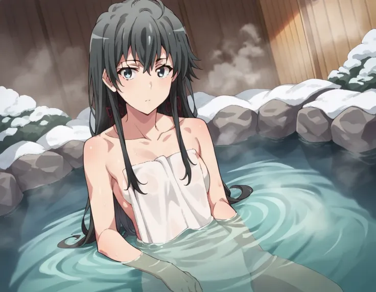 score_9, score_8_up, score_7_up, source_anime,
, yukino yukinoshita, long hair, ,

 , outdoors, onsen, towel, , steam, bathing, , partially submerged, water, bath, steam censor, looking at viewer, cowboy shot, dutch angle, solo, ,