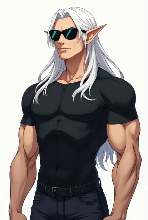 White-haired headless elf anime man with muscles and black shirt with sunglasses on his head 
