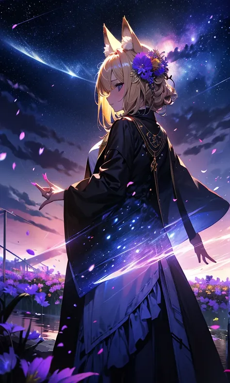 １people々々,Blonde woman with medium hair，   fox ears，   long coat，  tall  ，    dress silhouette，    rear view，Space Sky, Flower Field，Countless meteor showers，  Colorful Flowers  ，Dancing petals，