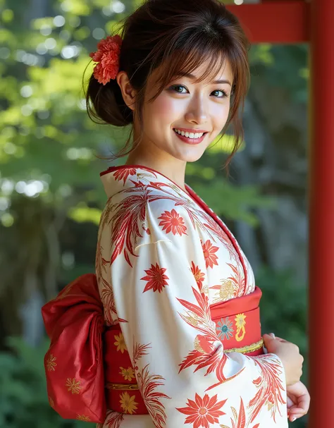 highest image quality taken by Ki、 Photorealistic、 anatomically accurate human body structure、Awareness-raising、 absurd、Professional photography、 upper body shot above the knee 、 Japanese girl standing wearing a gorgeous Japanese kimono、 realistic picture...