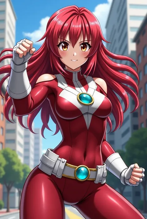 My Hero Academia Style , Anime girl, female, young female ,Full Body Shot,(fighting Pose:1.3),Long hair, Red Hair,  Brown Eyes,Hero Suit, Full Body Suit, red suit with white details,small round blue jewel in the center of the chest, perfect anatomy,  Tough...