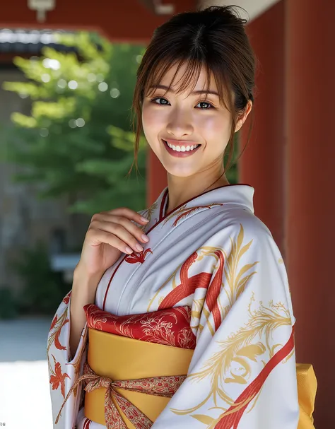 highest image quality taken by Ki、 Photorealistic、 anatomically accurate human body structure、Awareness-raising、 absurd、Professional photography、 upper body shot above the knee 、 Japanese girl standing wearing a gorgeous Japanese kimono、 realistic picture...