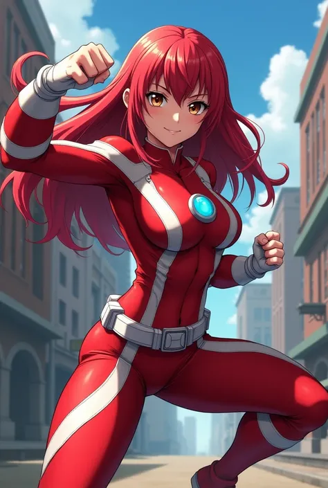 My Hero Academia Style , Anime girl, female, young female ,Full Body Shot,(fighting Pose:1.3),Long hair, Red Hair,  Brown Eyes,Hero Suit, Full Body Suit, red suit with white details,small round blue jewel in the center of the chest, perfect anatomy,  Tough...