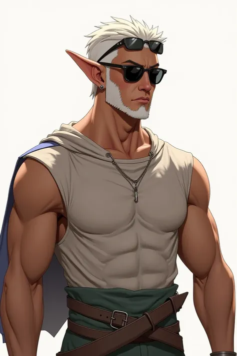 Muscular short-haired white elf man with sunglasses on his head 