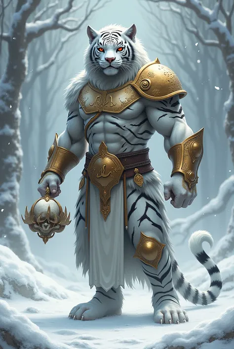 Guerrier tigre blanc debout dans la neige avec un crâne et une couronne dans les mains. LA1 Écrit sur son armure en or. Il a les yeux rouges et orange