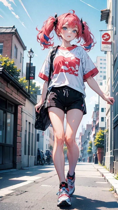 Full body view, woman standing confidently, 8K resolution, high detail, around 20 years old, (one female:1.5), vibrant-colored hair, twin tails, straight eyebrows, sanpaku eyes, upturned eyes, vivid pink irises, simple outfit, unique t-shirt, black shorts,...