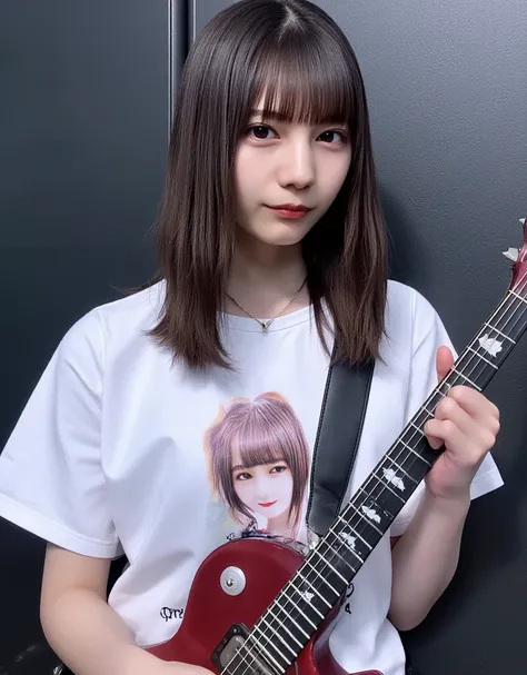 She is wearing a Tee with a large print of her favorite  cute black devil girl,  super real ,  Photorealistic,  dramatic scene , shadow, Global Illumination, Alone, (  a famous Japanese idol girl who is 20 years old but a punk rock guitarist  :1.5),   a ve...