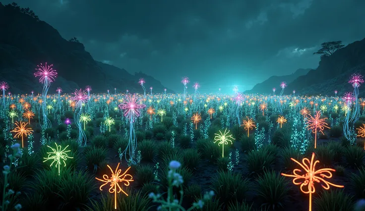  a futuristic field of non-earthly futuristic glowing plants