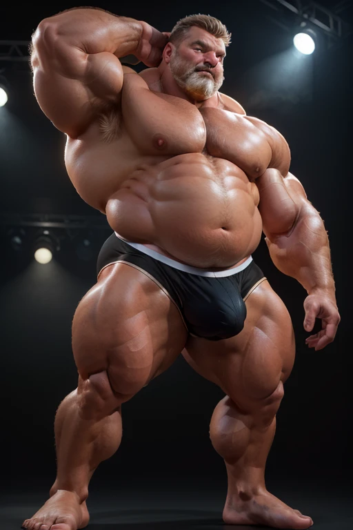  shirtless fat middle-aged male bodybuilder。 huge muscles。Huge belly。 black background。 jockstrap。( extremely huge bulge :1.5)。 ( anatomically accurate bodies :1.5)。 barefoot。Full body portrait。 low angle。Precise depiction。Maximum number of pixels。 Highest...