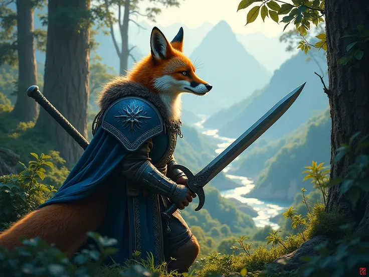  Imagine a humanoid Viking fox  ,   his mottled coat shining in the faint sunlight that crosses the rainforest  .   He wears blue leather armor with the 5 stars of the constellation Crux , glowing white stars of light ,   and he wields a long sword with in...