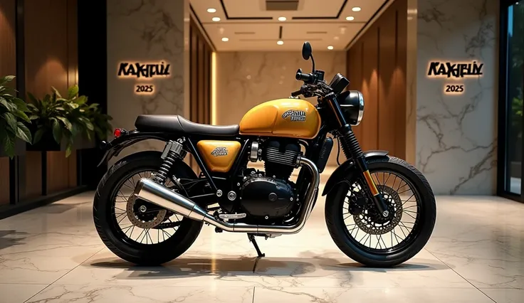 Royal Enfield Bear 650 2025 in a marble circle showroom best colours full front and side view also writen On the wall of the showroom Royal Enfield Bear 650 2025