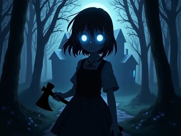 A silhouette of a anime girl with blue sparkling eyes holding an axe in her hand stands against the backdrop of an abandoned mansion in a dark forest. The inscription above reads "Haunted Mansion: Rising"