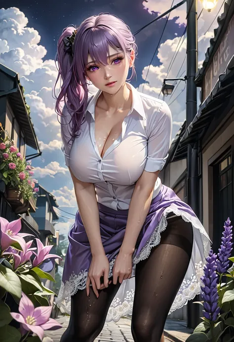  highres icon,best quality,a masterpiece,ultra detailed,absurdres,award winning photo,photorealistic,realistic,(cowboy shot),very realistic art,(((cloud background))), A beautiful girl with a shy face bends down to pick a moonflower,(large breasts,barefoot...