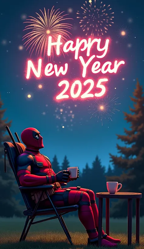 "An image of the superhero Deadpool sitting relaxed on a chair alone in his backyard at night. He is holding a cup of coffee, with another cup placed on a small table beside the chair. Deadpool gazes up at the clear sky, enjoying the calm moment. In the sk...