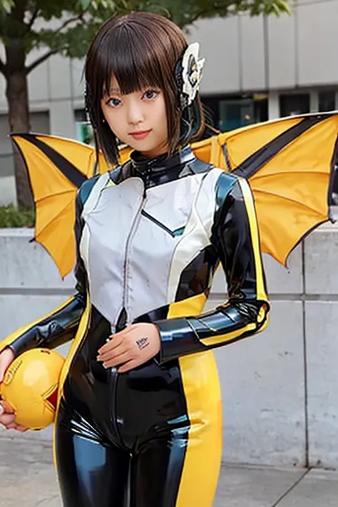    girl with wings like a bee is wearing a latex catsuit。 A 