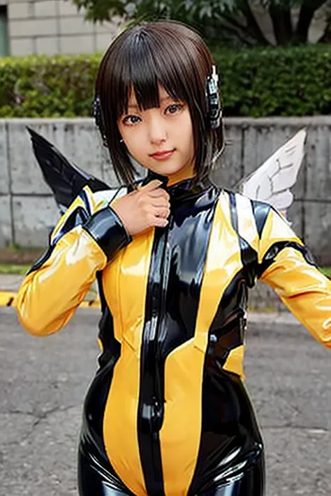    girl with wings like a bee is wearing a latex catsuit。 A 