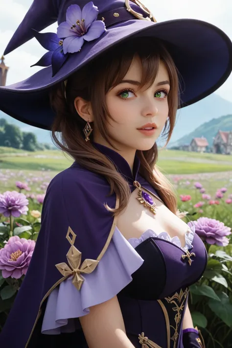 a beautiful girl,  perfect face ,  arms at the side ,  masterpiece ,  ultra high resolution,  high quality, 4K,  upper body :1.5,  Lisa (impacto de genshin), urple witch hat,  green eyes,  brown hair, (pure face_v1:0.008), (europeu:1.6), fringe, dress, ros...