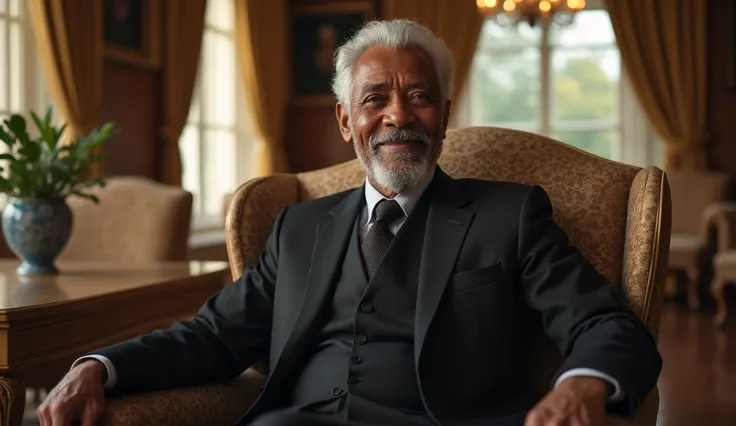 A real picture showing a wealthy Old black man from Africa with white a little hair, wearing a black soot, sitting looking happily, sitting in a beautiful mansion, near the window excited 