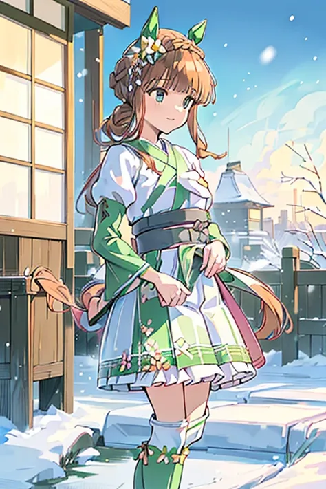 best quality, absurdres, masterpiece, 
silence suzuka (Uma Musume),
 One Girl , solo, (horse ear:1.6), delightful, smiling, walking, looking at viewer, blush, upper body, (green(lolita fashion:1.5),(petticoat pannier:1.4),(high-waisted, flowing skirt with ...