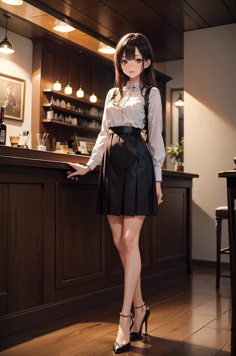 ((Masterpiece, high resolutio, Biologically correct limb and finger count)), ((Standing posture)),High heels, anklet, stocking, skirt, Close-up photo of the lower body, look at around, indoor, simple background,cafebar