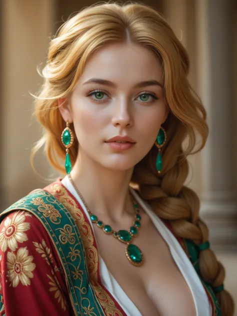 
A Gaelic shaman with softly waved, golden hair, soft, smooth skin, and large-sized breasts adorned with a fine jewel in the center. Her green eyes shone with ancient wisdom and her face conveyed supreme peace and tranquility. Shes a woman with a busty siz...