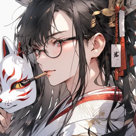 Boy wearing a fox mask、kimono、Big snake、tobacco pipe、 black hair、Glasses、 Portrait