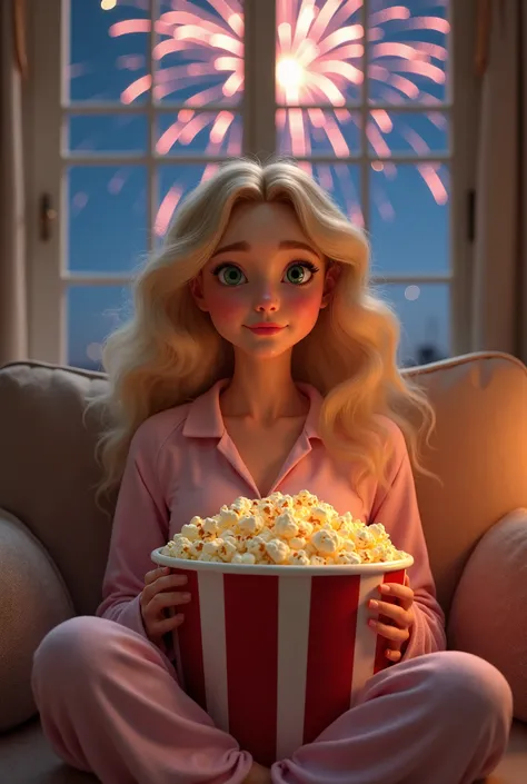  Long-haired and curly blonde with big green eyes wearing pajamas sitting on the couch with a bucket of popcorn in her hands in the background a window with Disney Pixar-style fireworks 