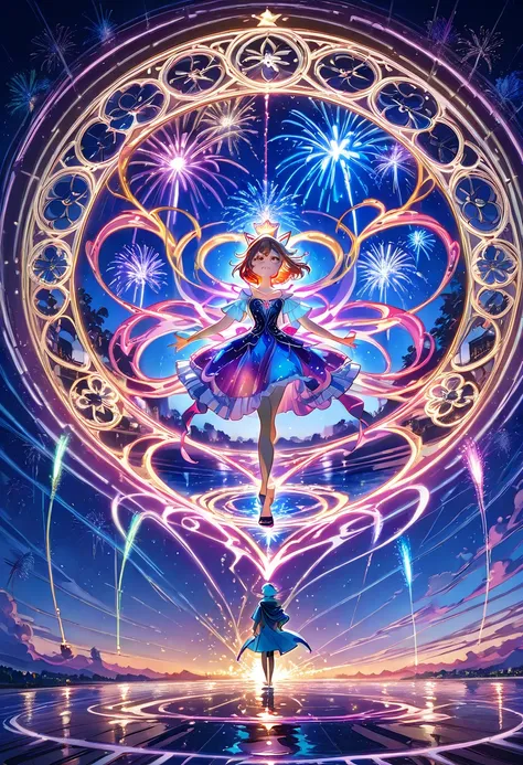 Blue sky and fireworks in a round frame and fireworks show,  concept art ：yuumei,  pixiv contest winner with a star on his head,  magical realism,  Dreaming Psychedelic Anime ,  colorful animated film background, Best anime 4K konachan wallpaper ,  Officia...