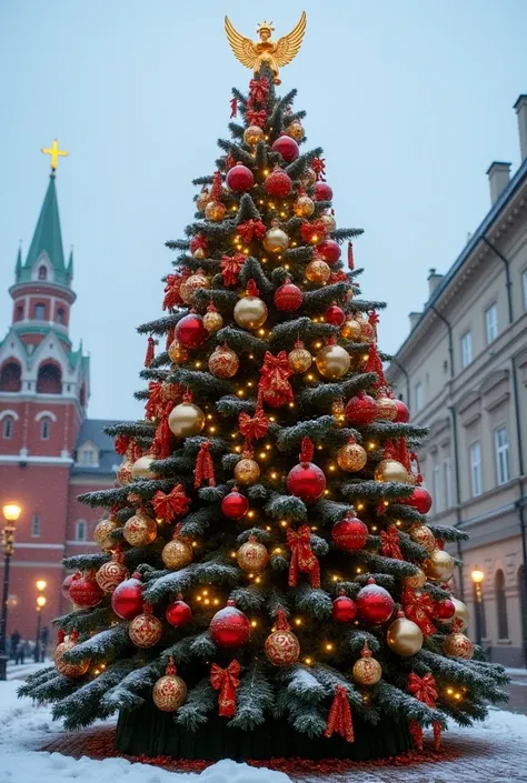  A large realistic stylish Christmas tree ,  decorated with red and gold toys with Ukrainian embroidery.  There is a very small angel at the top of the tree . The Christmas tree is installed on a large square . its snowing lightly 